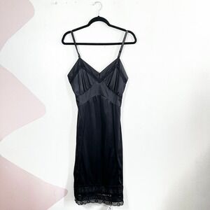 Vintage Velrose Babydoll Slip Dress Black Size 32 Satin Lace Coquette